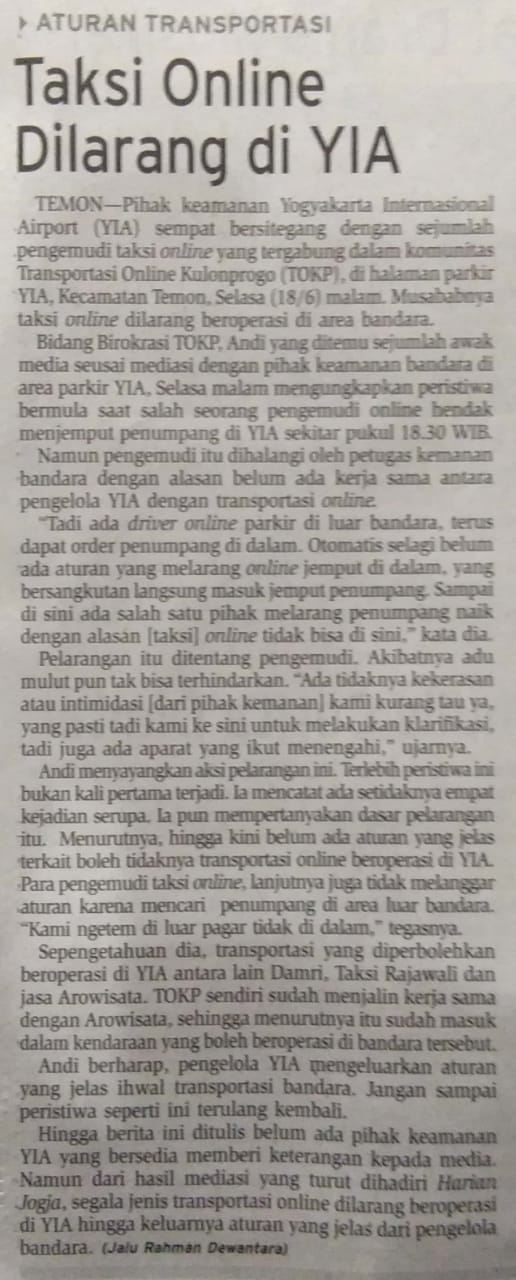 PEMKAB - Taksi Online Dilarang di YIA