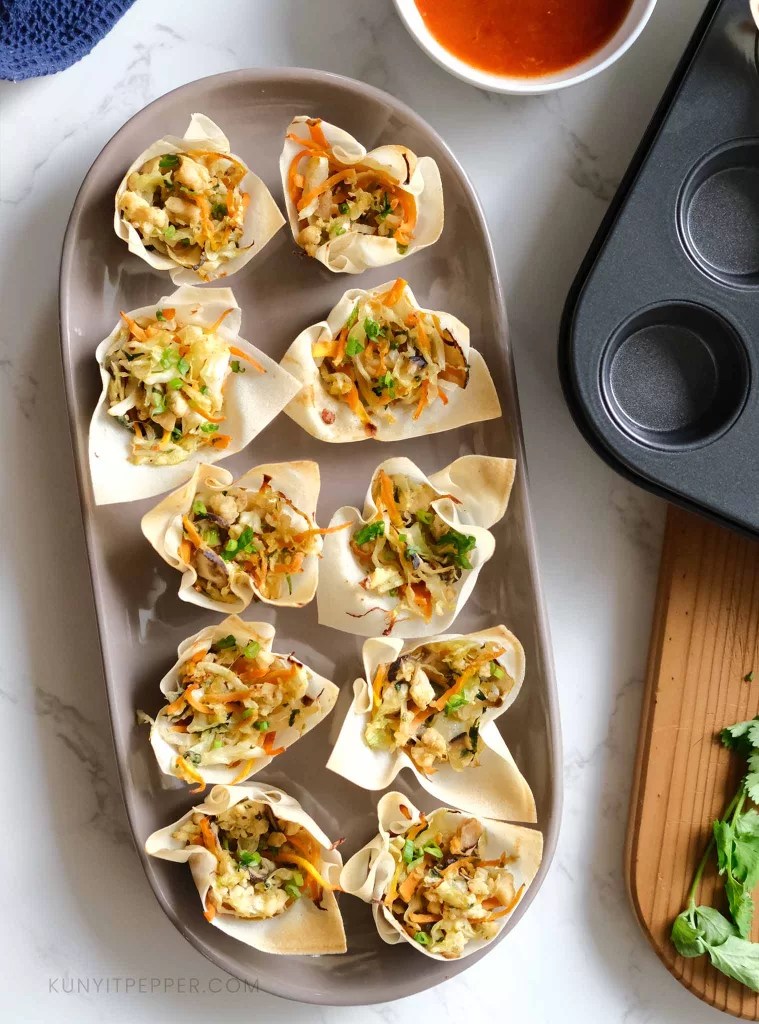 Ovenbaked spring roll cups with ginger, garlic, and substitute for