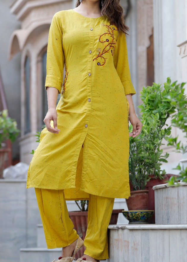 Yellow kurti pant set with beautiful embroidery in front Kurti Fashion