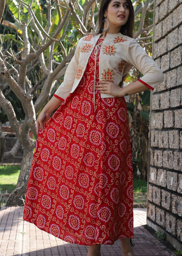 Chanderi jacket kurti in bandhej style with heavy handwork Kurti Fashion