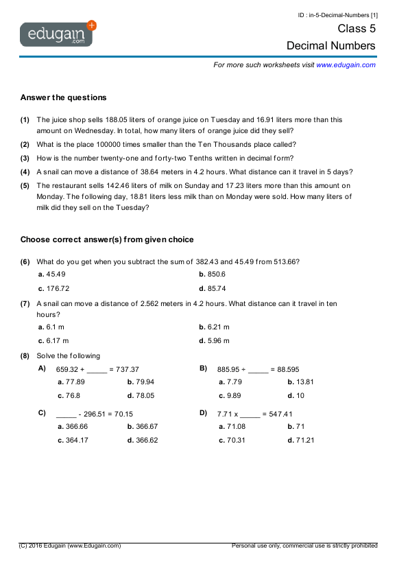 Grade 5 - Decimal Numbers | Math Practice, Questions, Tests, Worksheets, Quizzes, Assignments | Edugain Kuwait