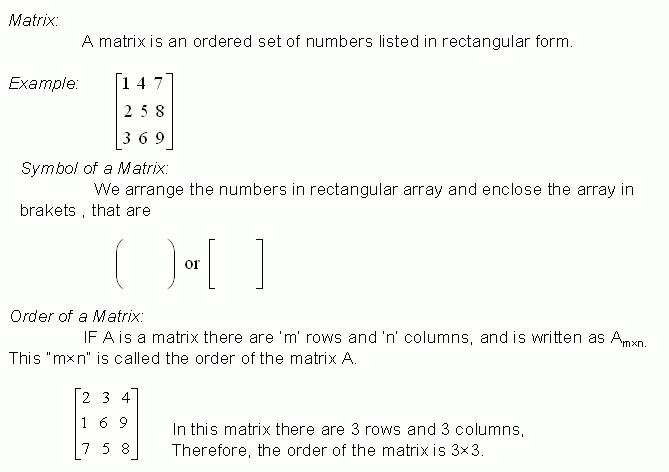 Matrix and Order of a Matrix - High School Mathematics - kwizNET Math