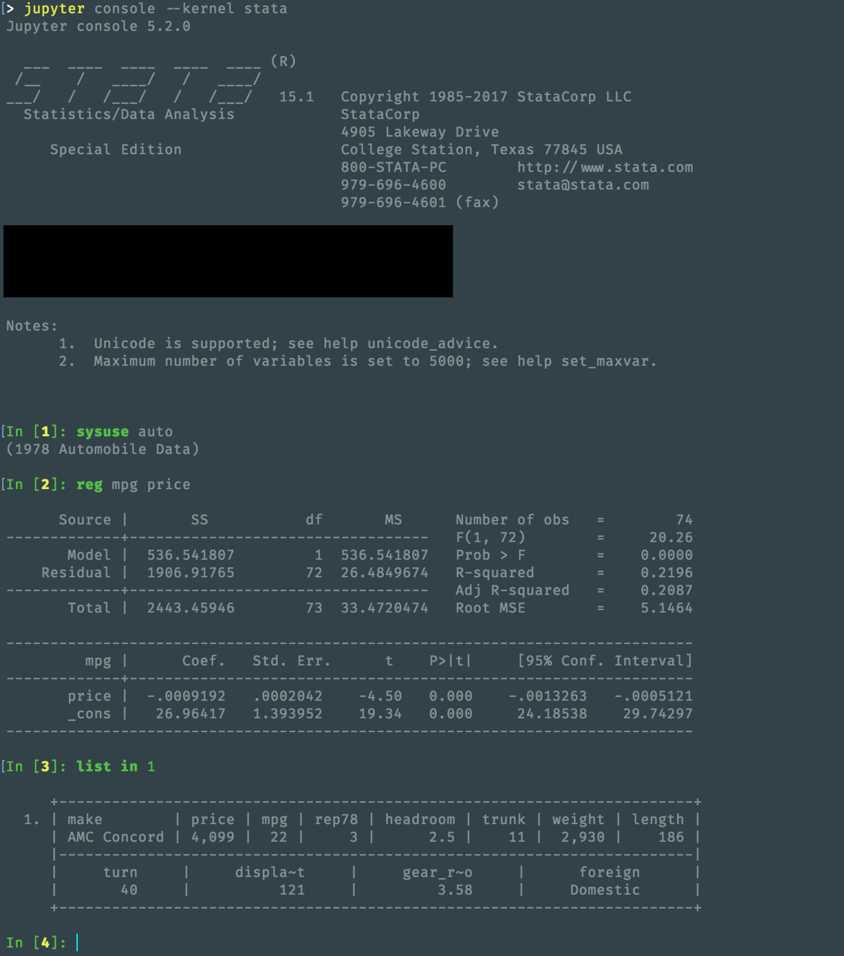 Jupyter Console stata_kernel