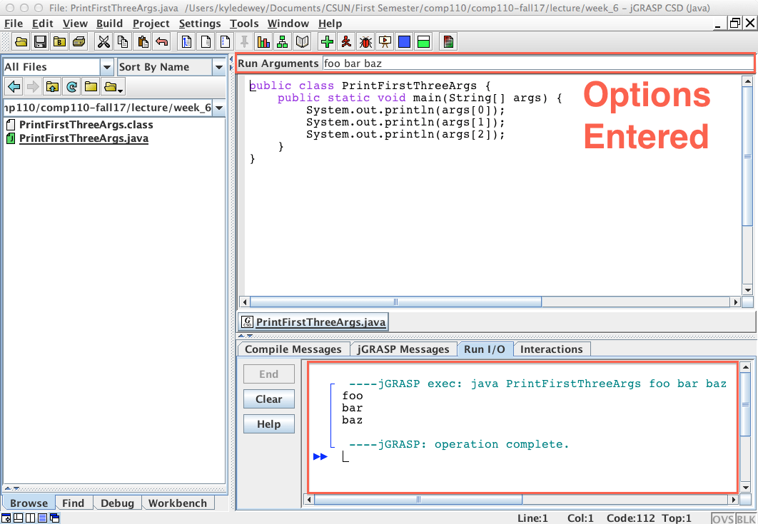 Specifying CommandLine Arguments in jGrasp