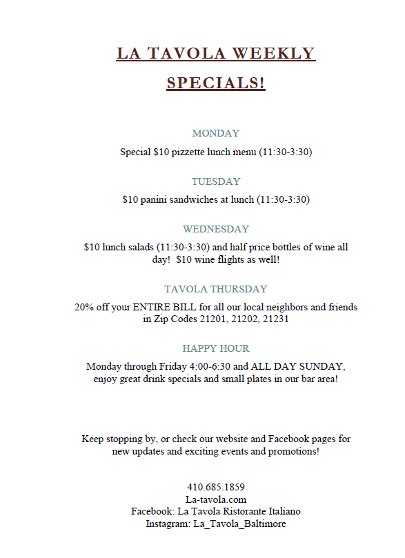 specials La Tavola Italian Restaurant