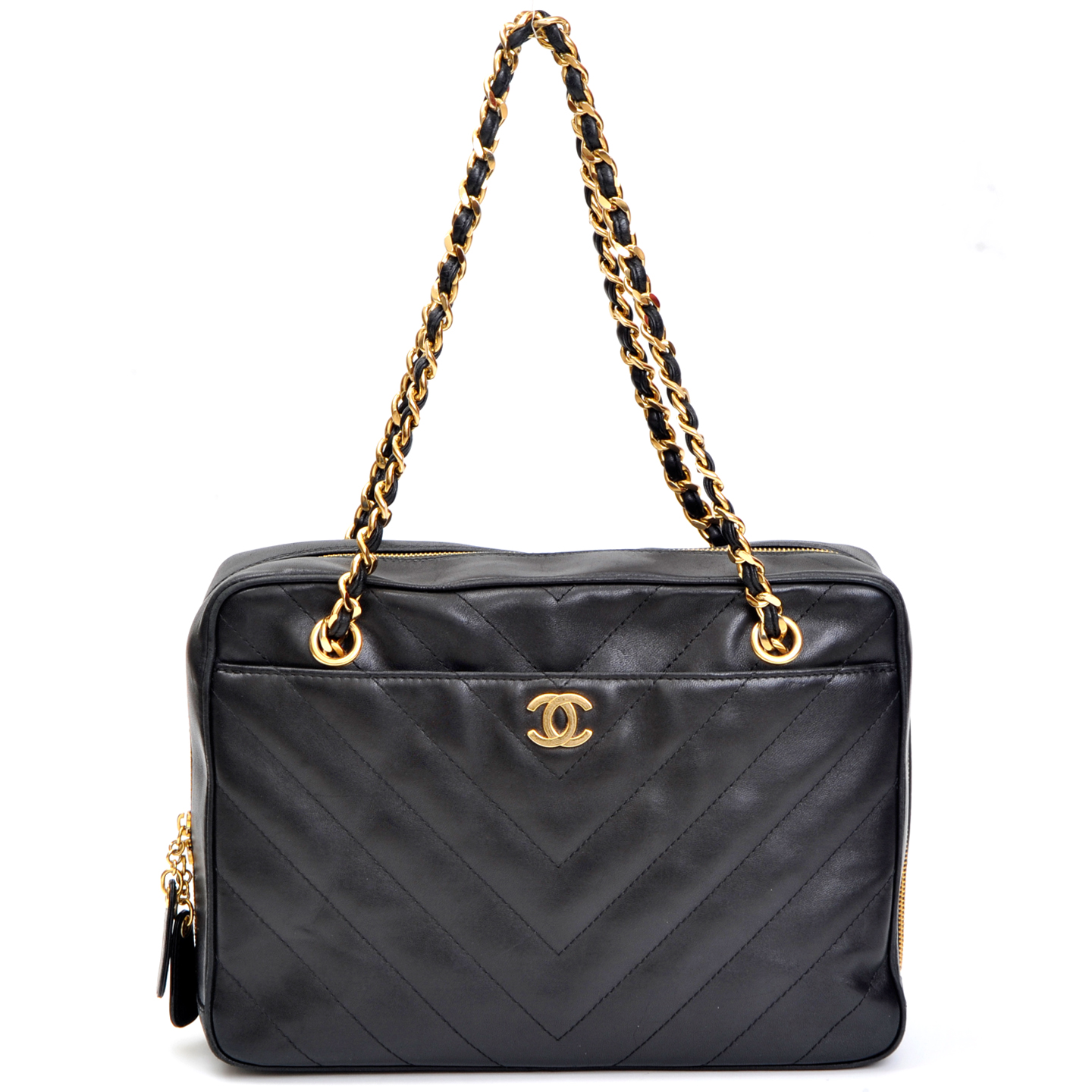 VINTAGE Chanel Black Chevron Quilted Leather Bag LabelCentric