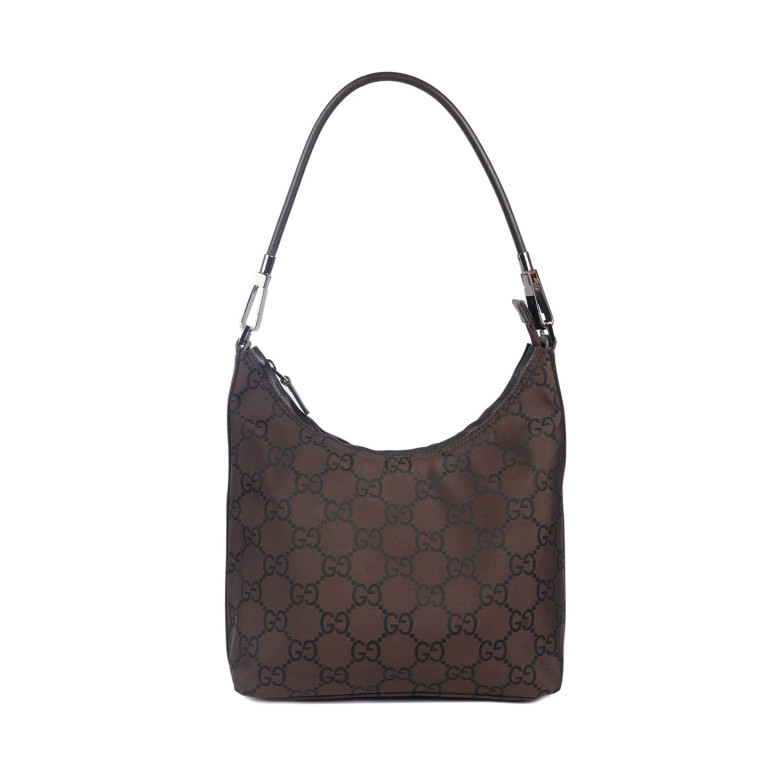 Gucci Dark Brown Monogram Nylon Shoulder Bag LabelCentric