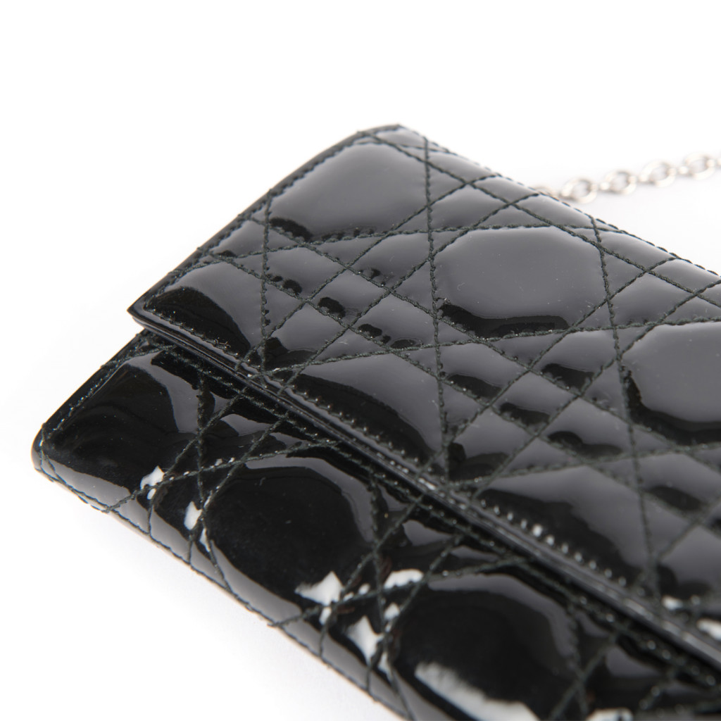 Christian Dior Black Cannage Patent Leather Wallet on Chain LabelCentric