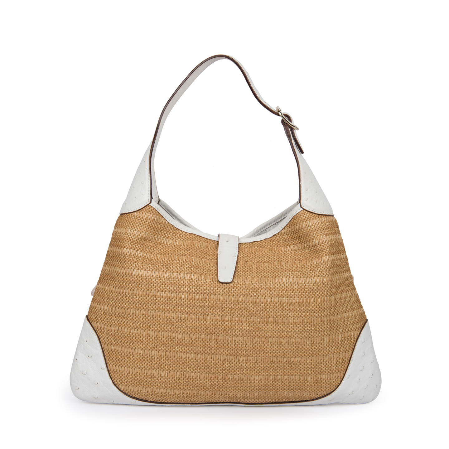 VINTAGE Gucci Ostrich Trimmed Raffia Jackie Hobo LabelCentric