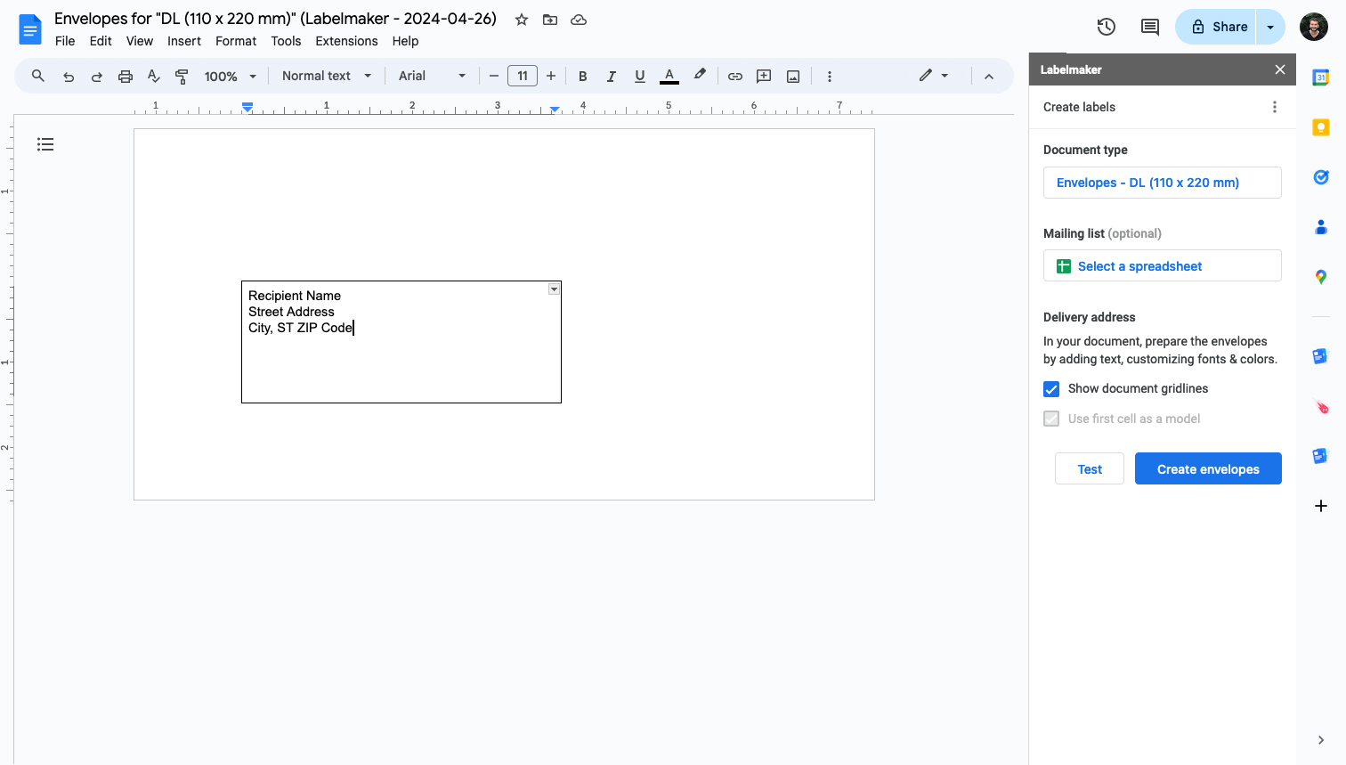 How to print envelopes in Google Docs?