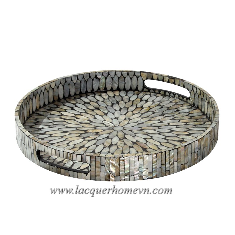 HT6739 Round mother of pearl serving tray, MDF base Ha Thai bamboo