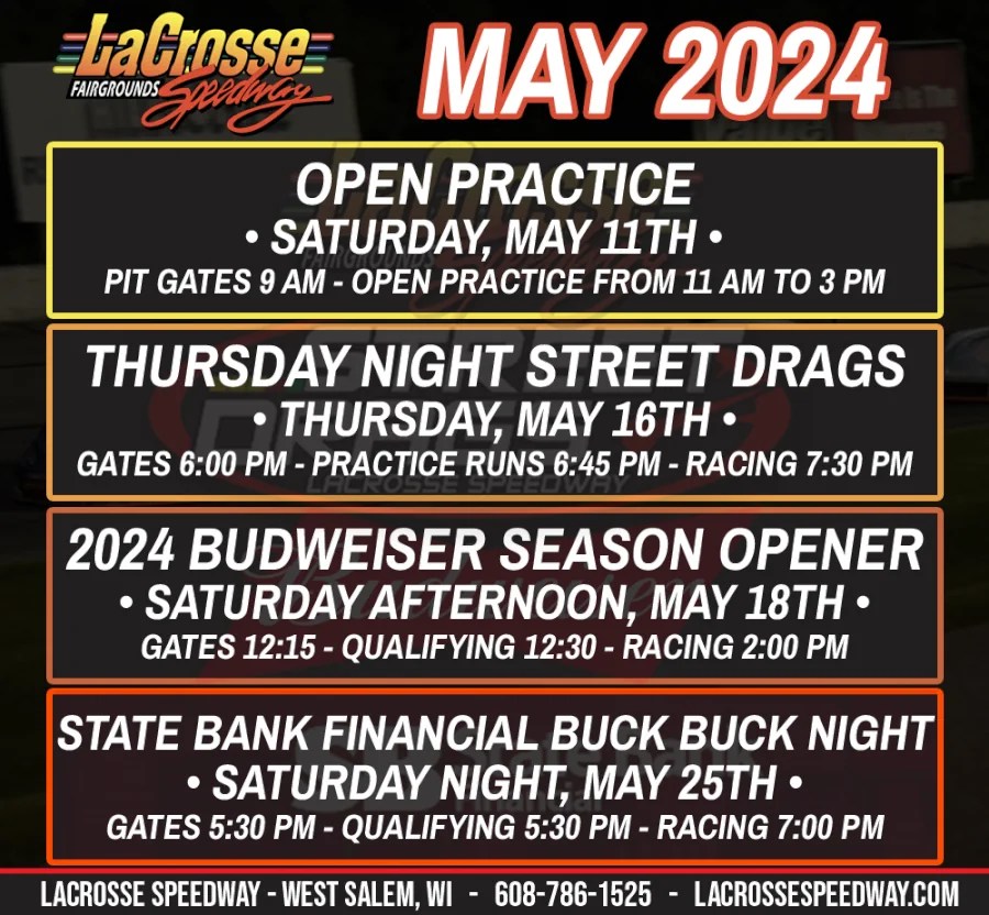 MAY IS SET TO BE A BUSY MONTH AT LACROSSE SPEEDWAY! La Crosse Speedway