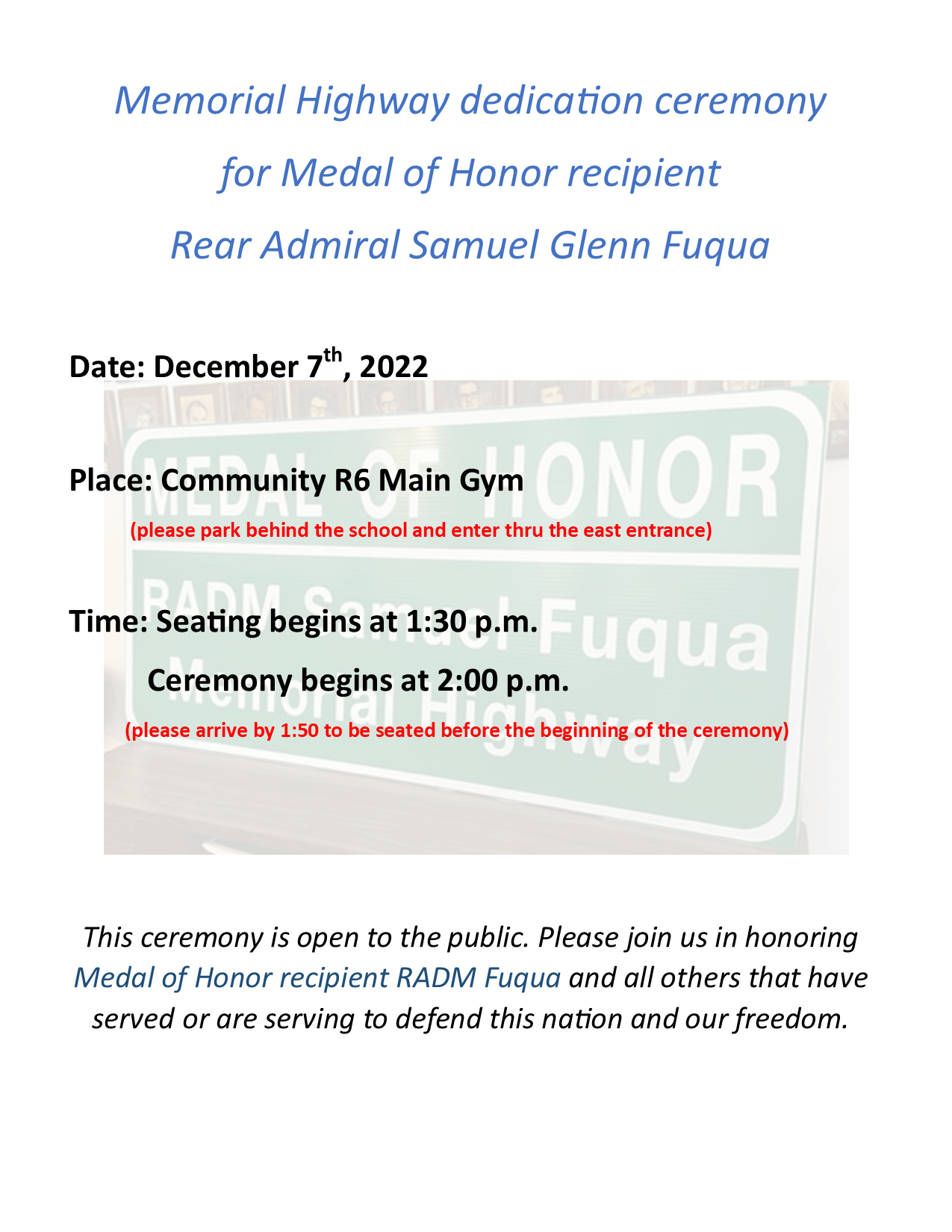 Memorial Highway Dedication Ceremony for Rear Admiral Samuel Fuqua