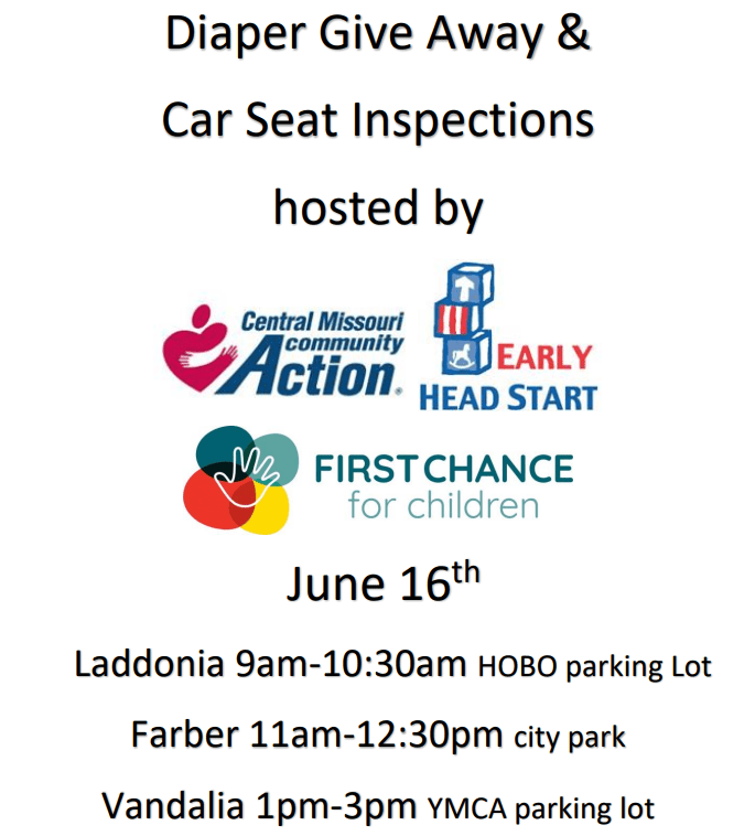 Diaper Giveaway & Car Seat Inspections June 16, 2023 Laddonia Missouri