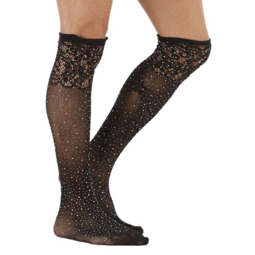 Black Knee Hi Stockings with Rhinestones and Lace Top Ladybits