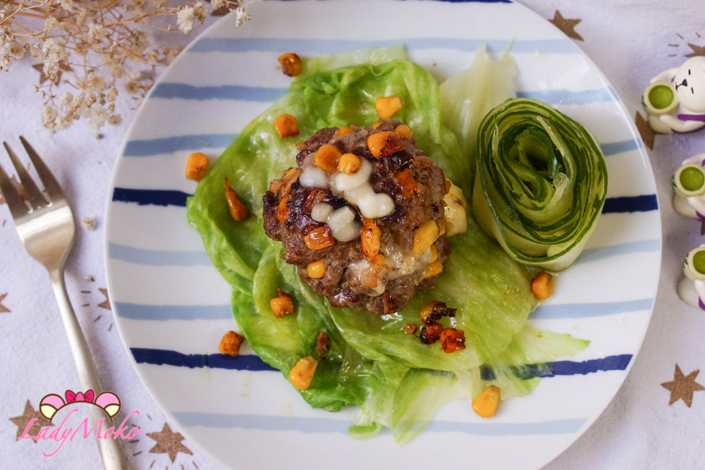 「玉米起司牛肉漢堡排食譜」蔬菜取代麵包