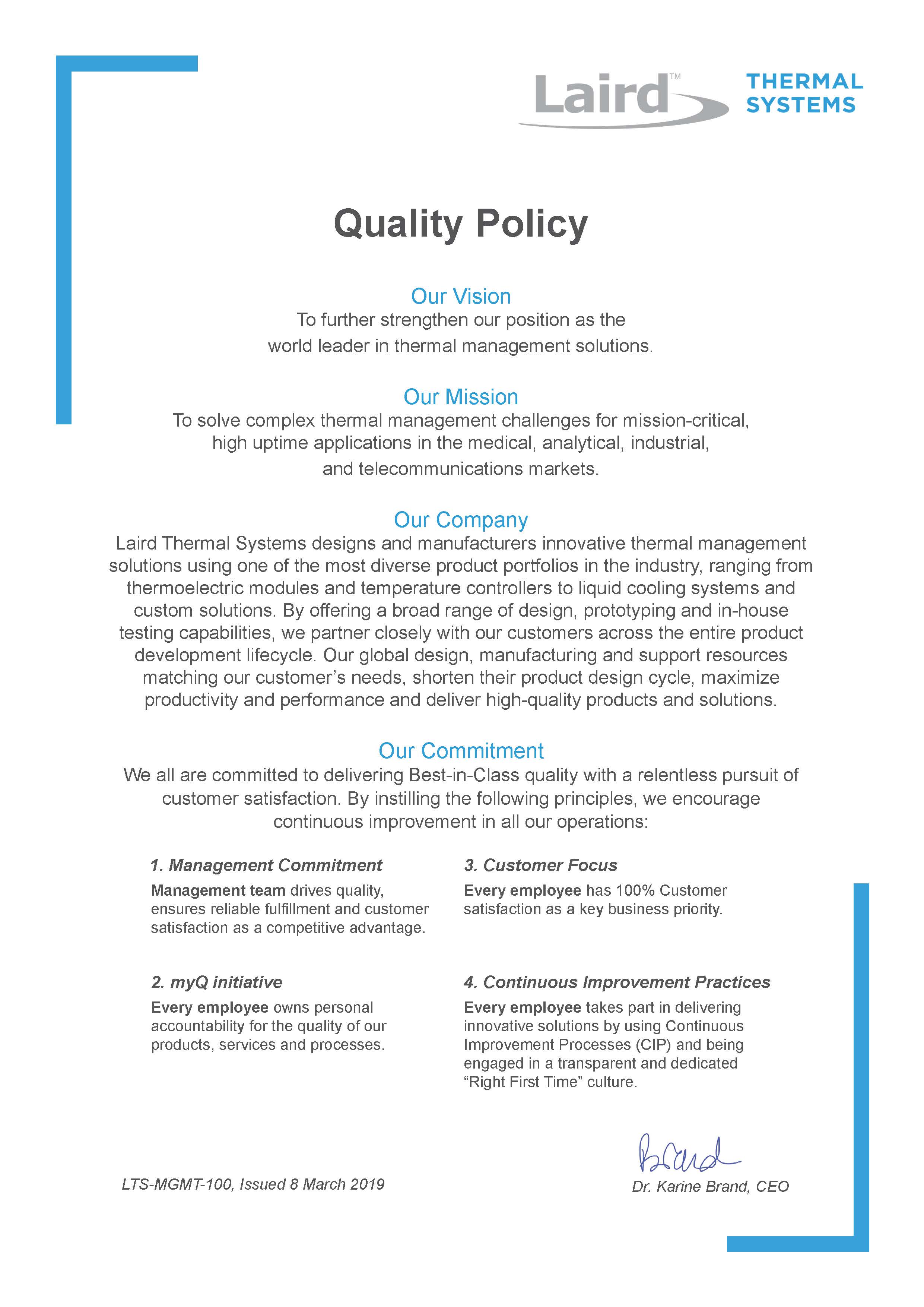 Quality Policy The World Leader in Thermal Management Solutions