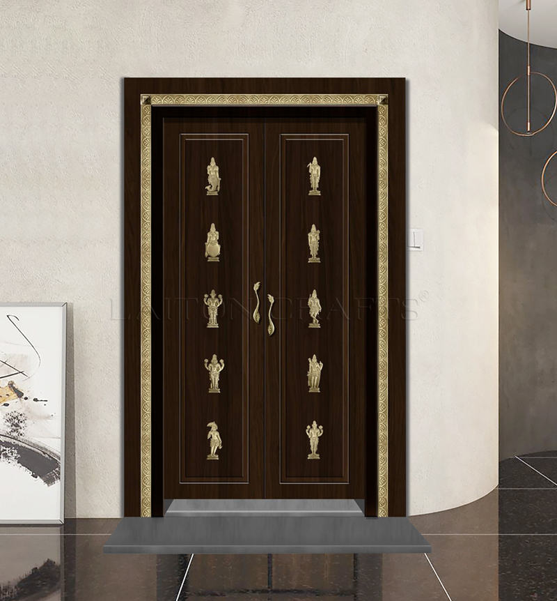 Pooja Room Door Designs with Brass Embellishments