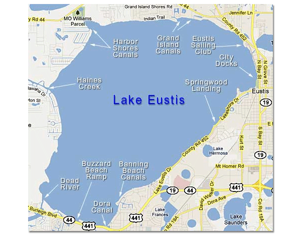 Map of Lake Eustis in the Harris Chain of Lakes Central Florida