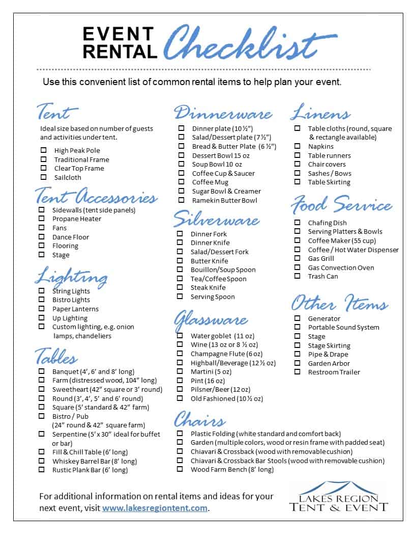 Wedding Rentals & Party Rentals Checklist Lakes Region Tent & Event