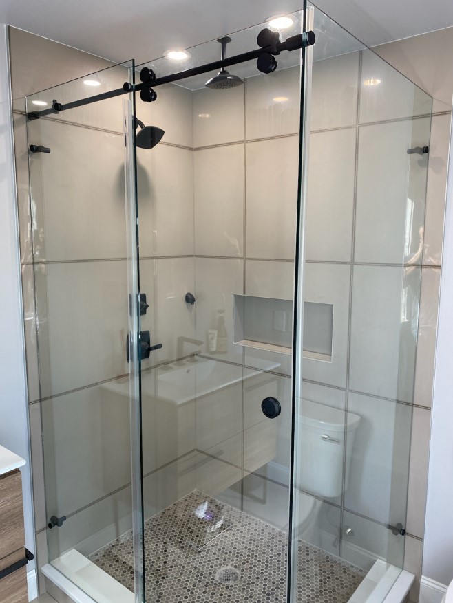 Barn Style Shower Enclosure with Return Panel Lakes Road Glass