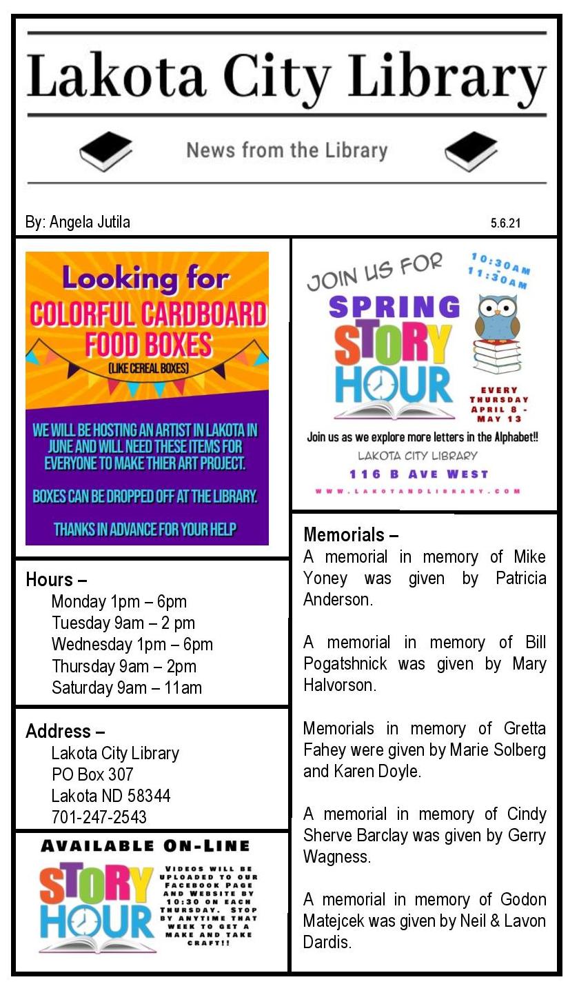 Newspaper Article 5.6.21 Lakota City Library