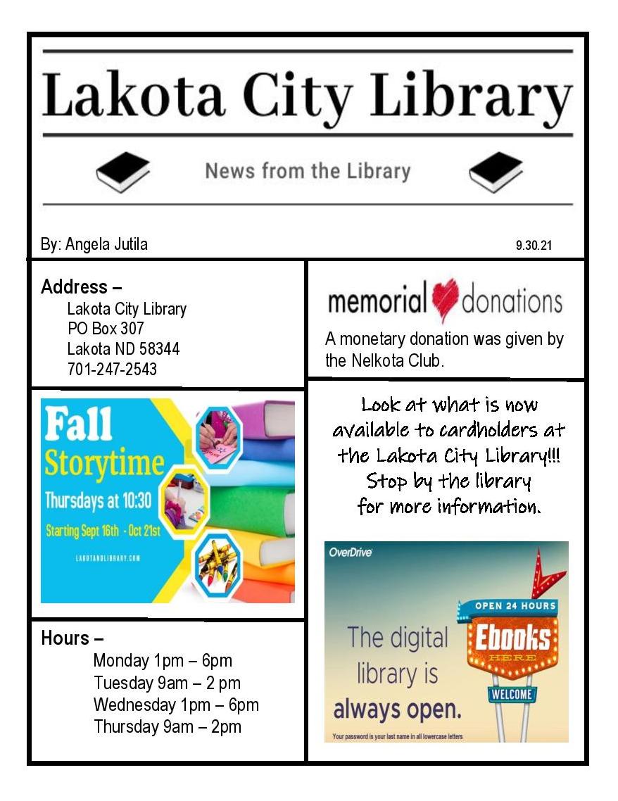 Newspaper Article 9.30.21 Lakota City Library