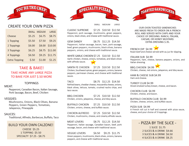 Take Out Menu for Gem Dandy's