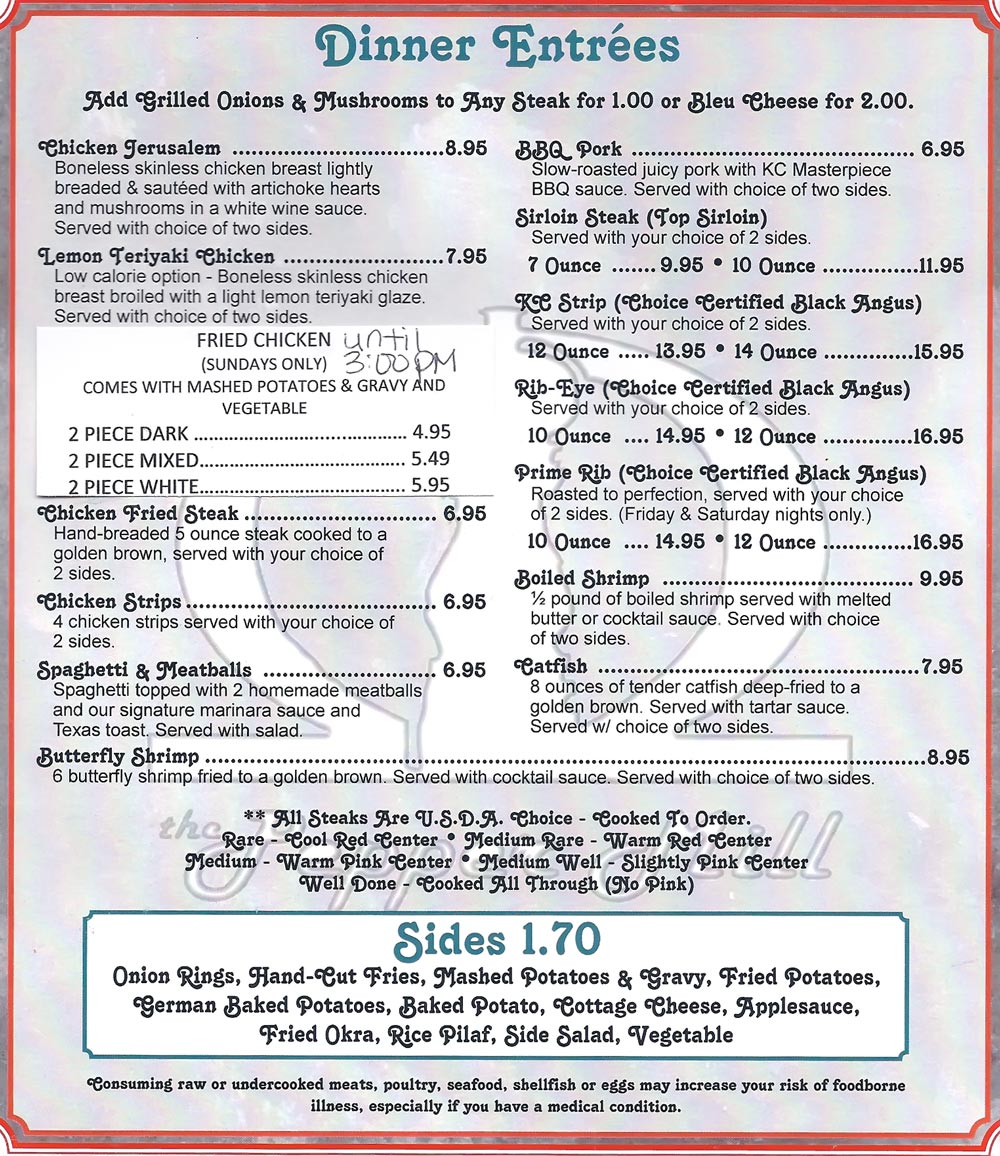 Take Out Menu for The Pepper Mill Restaurant