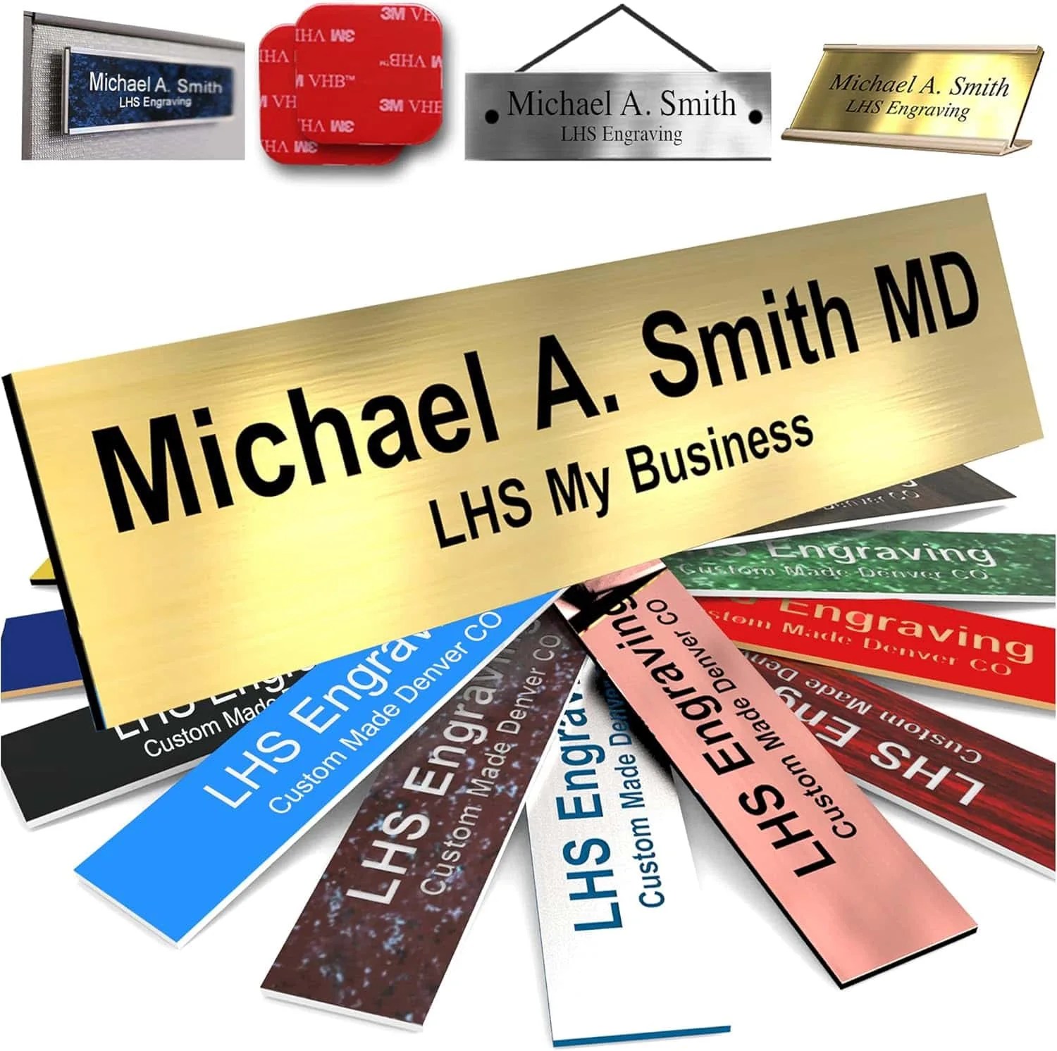Engraved Name Plates for Desk and Door Signs Personalized Brushed Brass Plastic Nameplate with Black Letters | 2×8 – M6