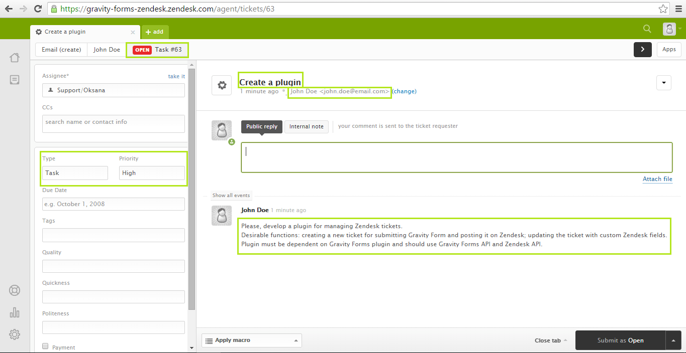 Creating WP plugin for remote managing Zendesk tickets via Gravity