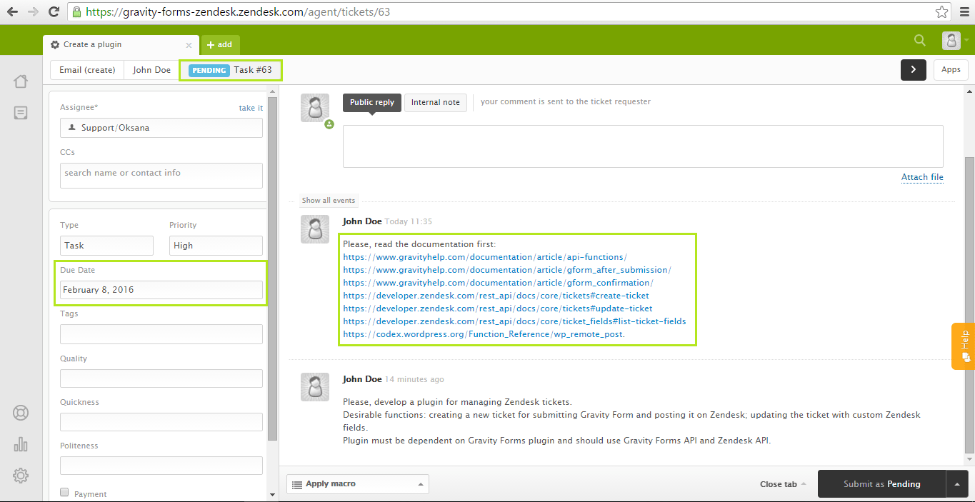 Creating WP plugin for remote managing Zendesk tickets via Gravity