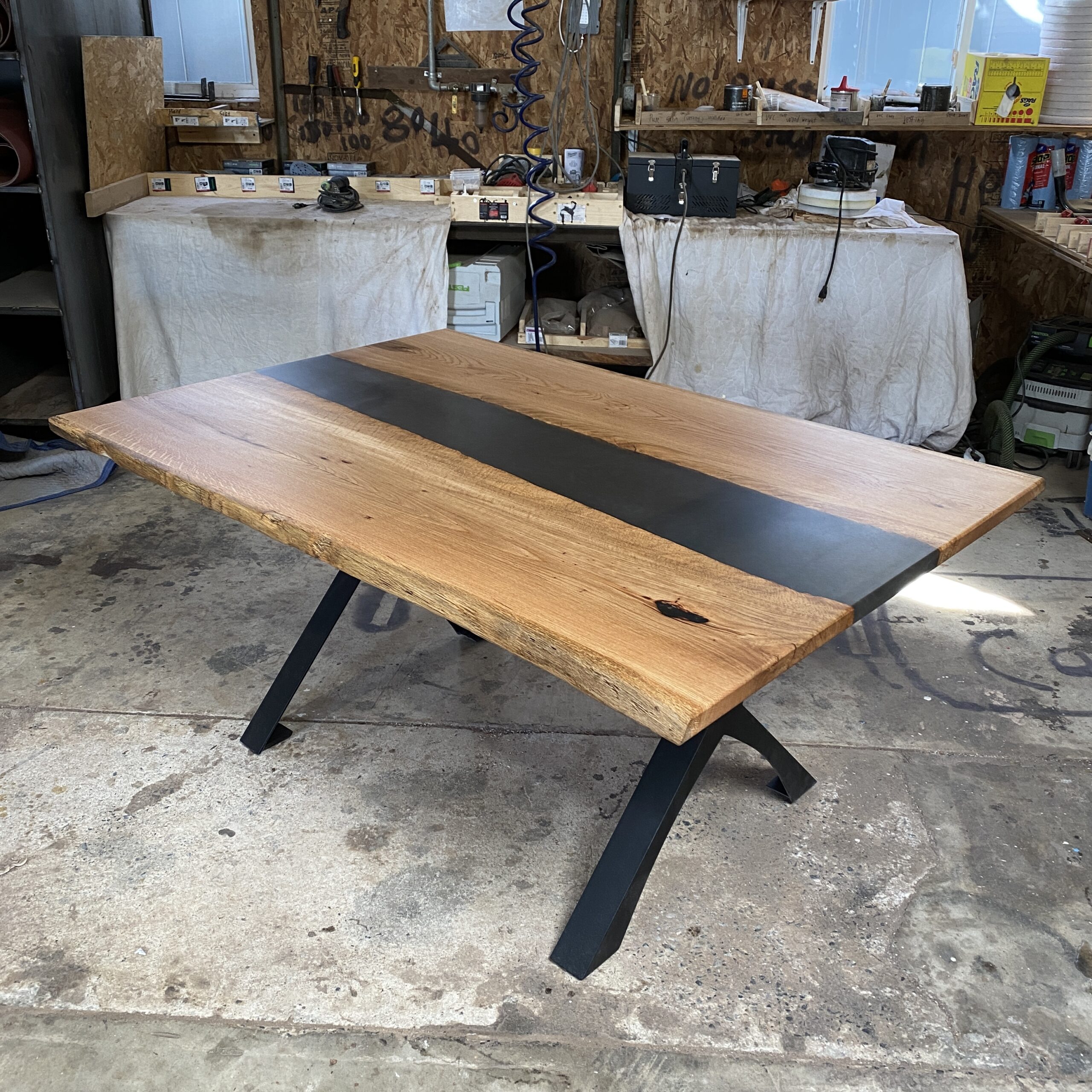 White Oak River Table With Black Epoxy Resin Lancaster Live Edge