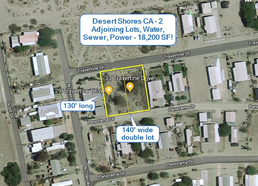 Desert Shores CA 2 Adjoining Lots, Water, Sewer, Power 18,200 SF!