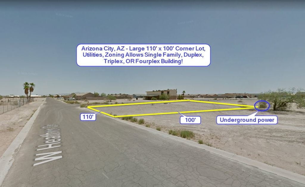 Arizona City, AZ Large 110′ x 100′ Corner Lot, Utilities, Zoning