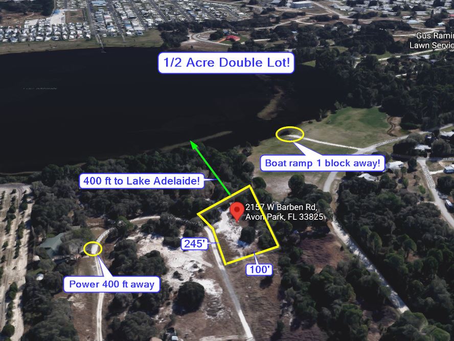 Avon Park, FL 1/2 Acre Building Lot 400 ft to Lake Adelaide, Power