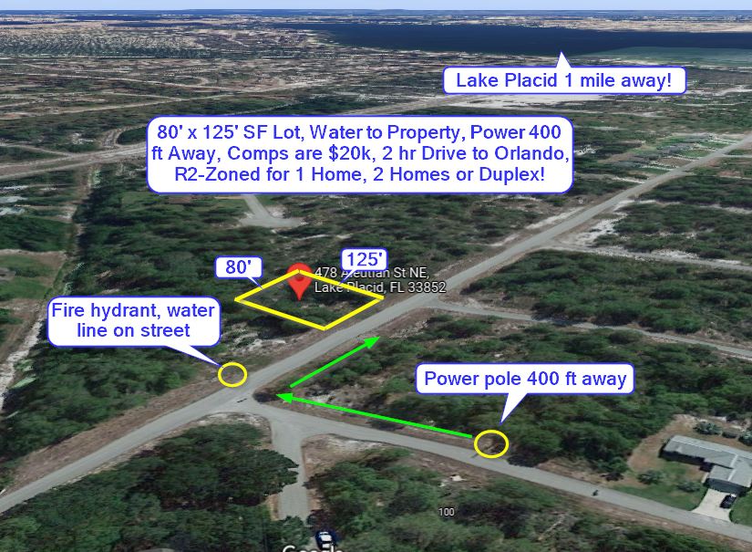 Lake Placid, FL 80′ x 125′ SF Lot, Water to Property, Power 400 ft