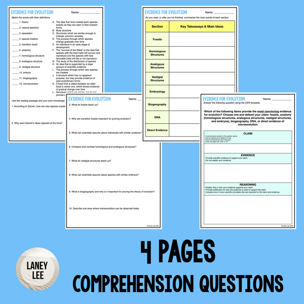 Evidence for Evolution Reading Comprehension Worksheets