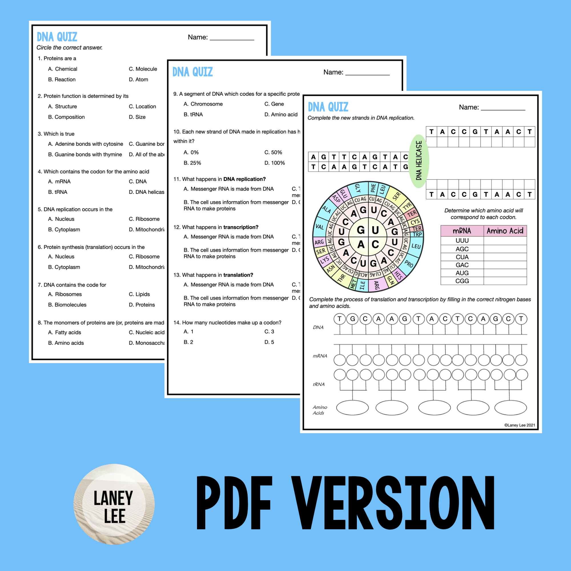 DNA Quiz (Protein Synthesis & Replication) Laney Lee