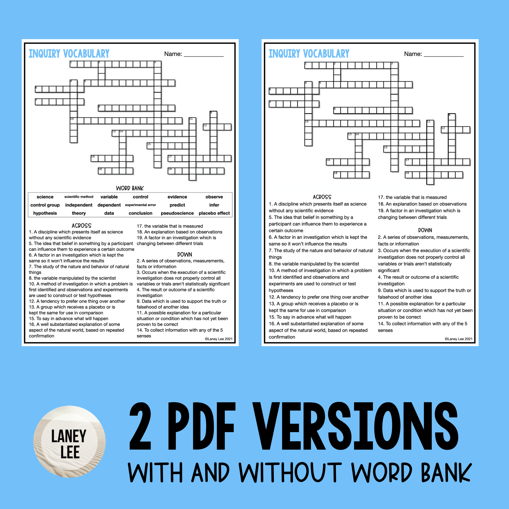 Scientific Method Vocabulary Puzzle Laney Lee