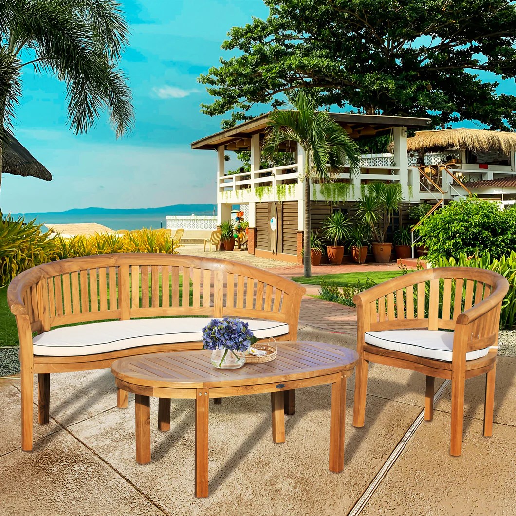 3 Piece Teak Wood Peanut Patio Lounge Set, Double Bench, Chair & Coffe