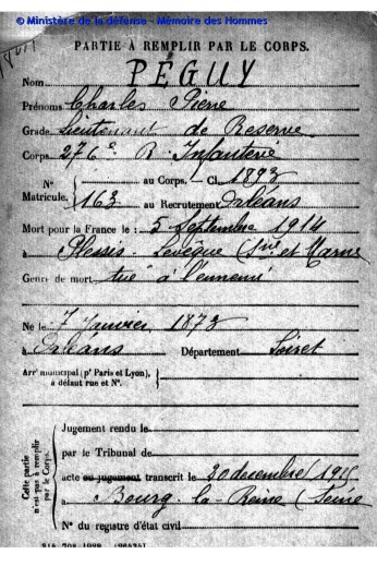 L'acte de décès de Charles Péguy, "tué à l'ennemi" le 5 septembre 1914 à Plessis-Lévêque, en Seine et Marne 