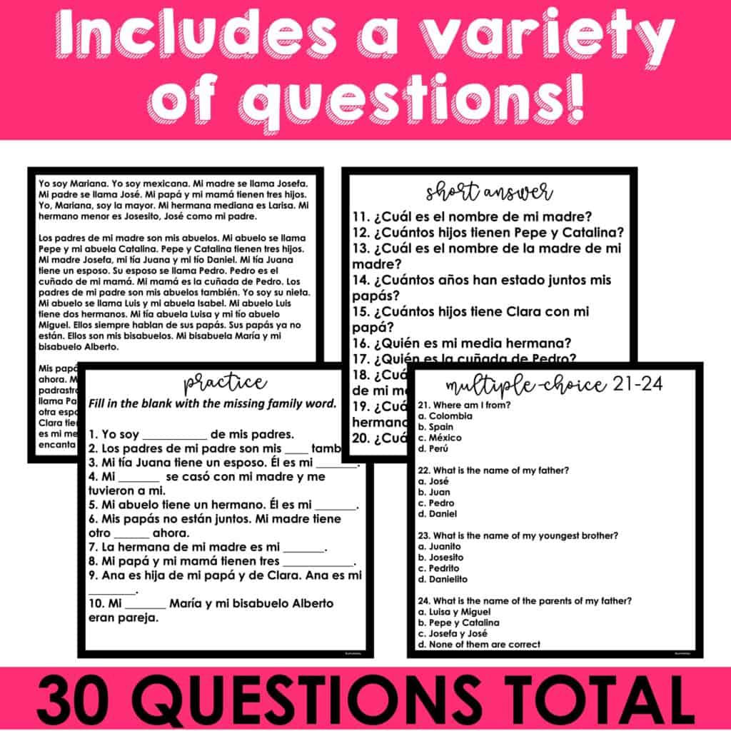 Spanish Family Vocabulary Reading Comprehension Mystery Picture La