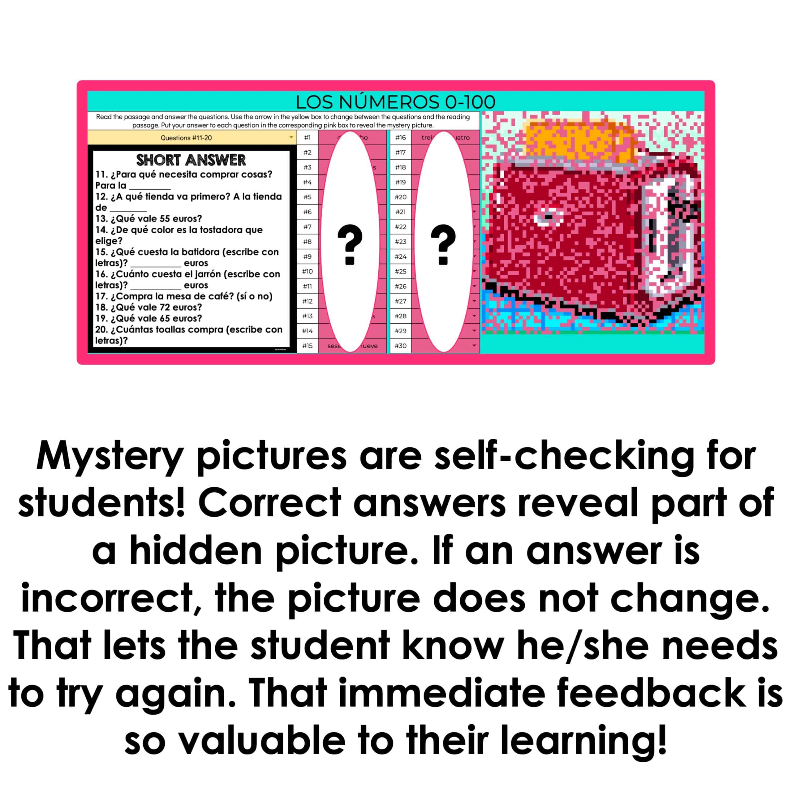 Numbers 0100 in Spanish Reading Comprehension Mystery Picture La