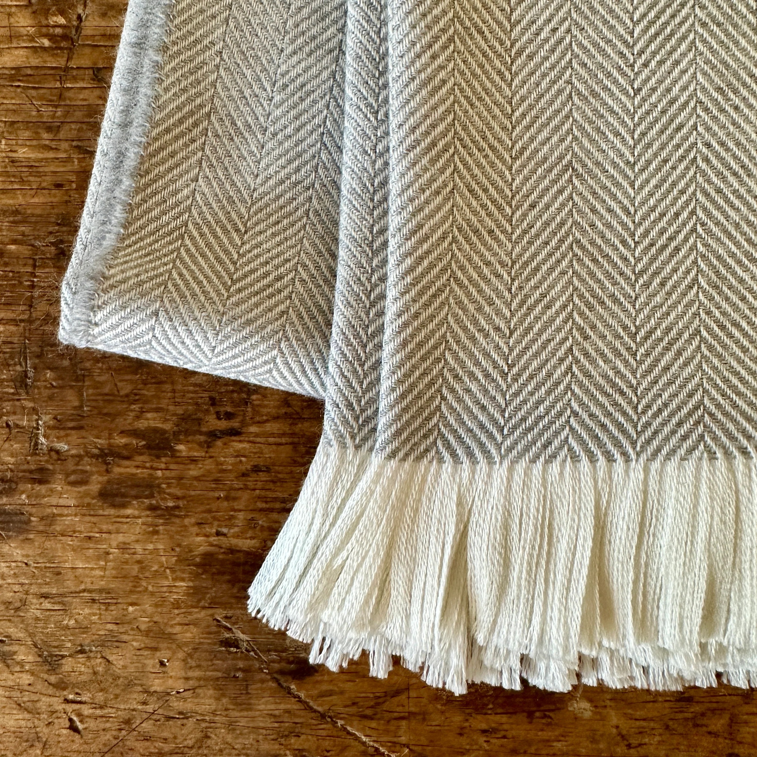 Mist Herringbone Merino Wool Throw Larger Cross
