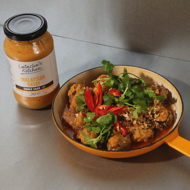 Sizzling with Satay Simmer Sauce Enjoy Latasha's Kitchen Products Now