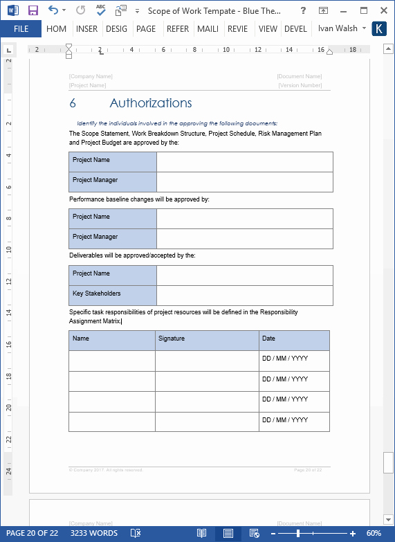 Scope Of Work Template Excel