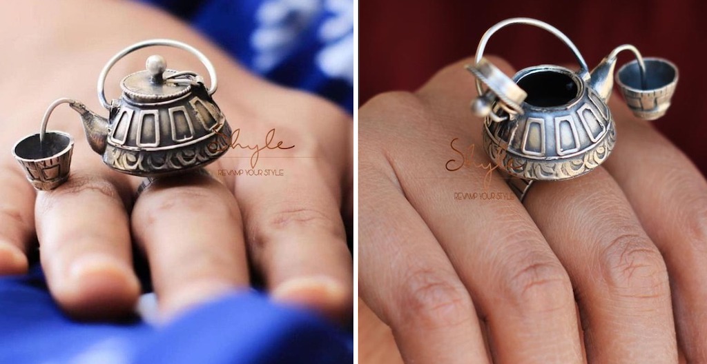 A Detailed Sterling Silver Chai Tea Kettle and Cup Ring