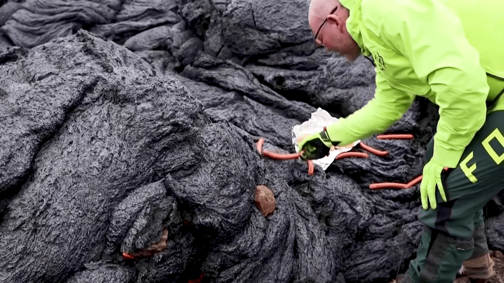 Cooking Hot Dogs on Lava From the Iceland Volcano