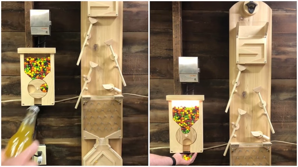 A Handy Bottle Opening Rube Goldberg Machine That Spits Out a Handful